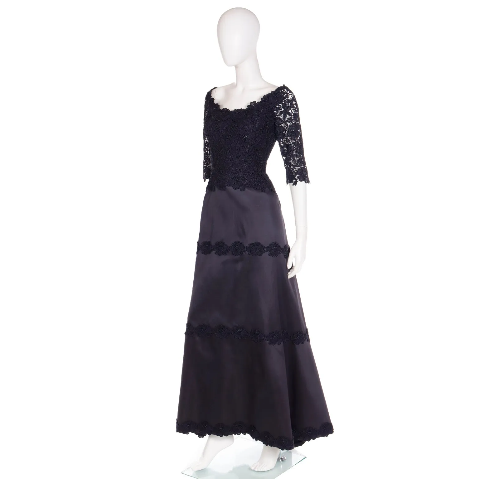 1990s Helen Morley Designer Dress Black Lace Evening Gown Bergdorf Goodman