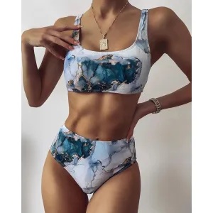 2021 New!!! Women's Sexy Marble Bikini Swimsuit High Waist Sport Bandeau Sizes S - XL
