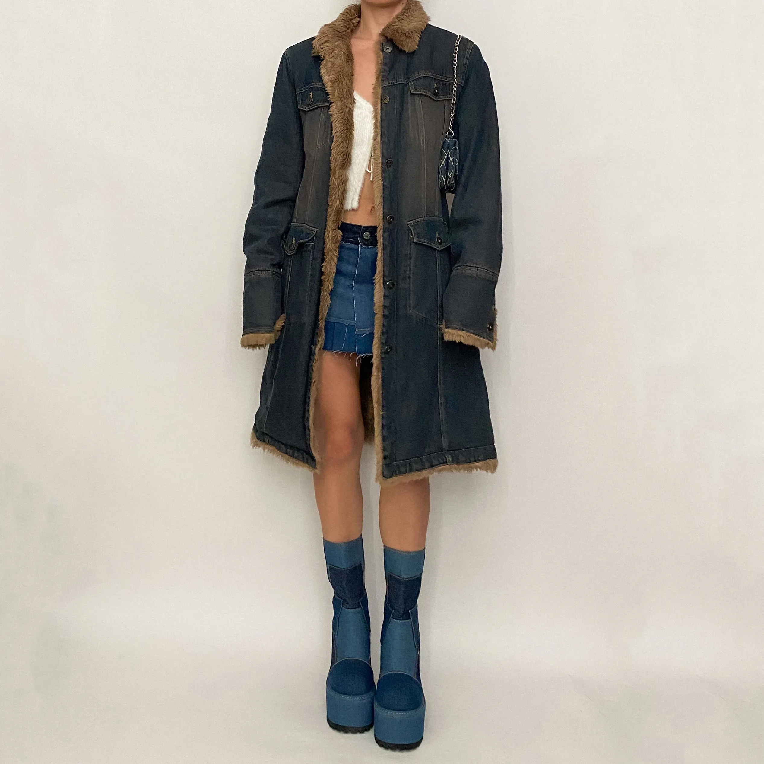 90's fur   denim long coat - large