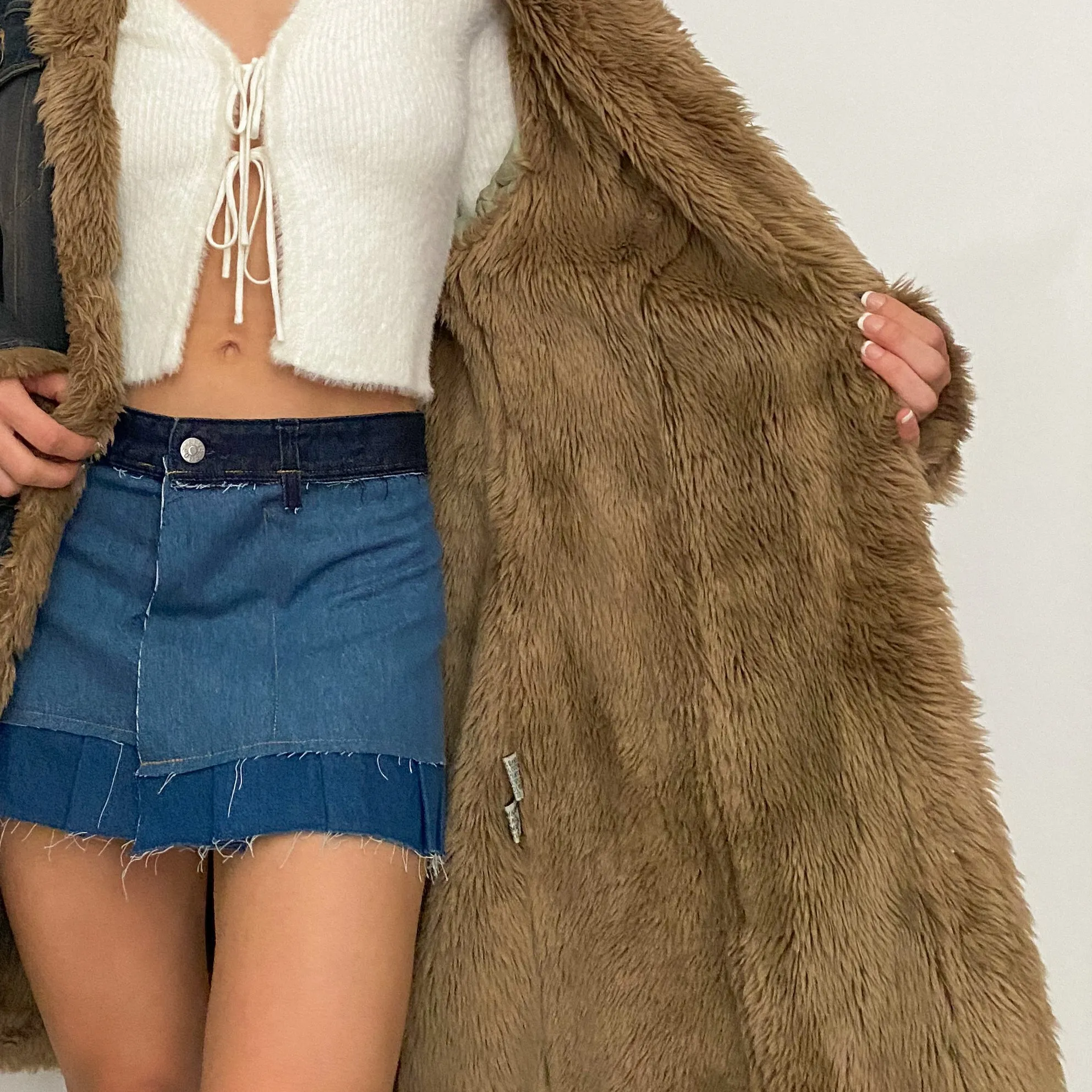90's fur   denim long coat - large
