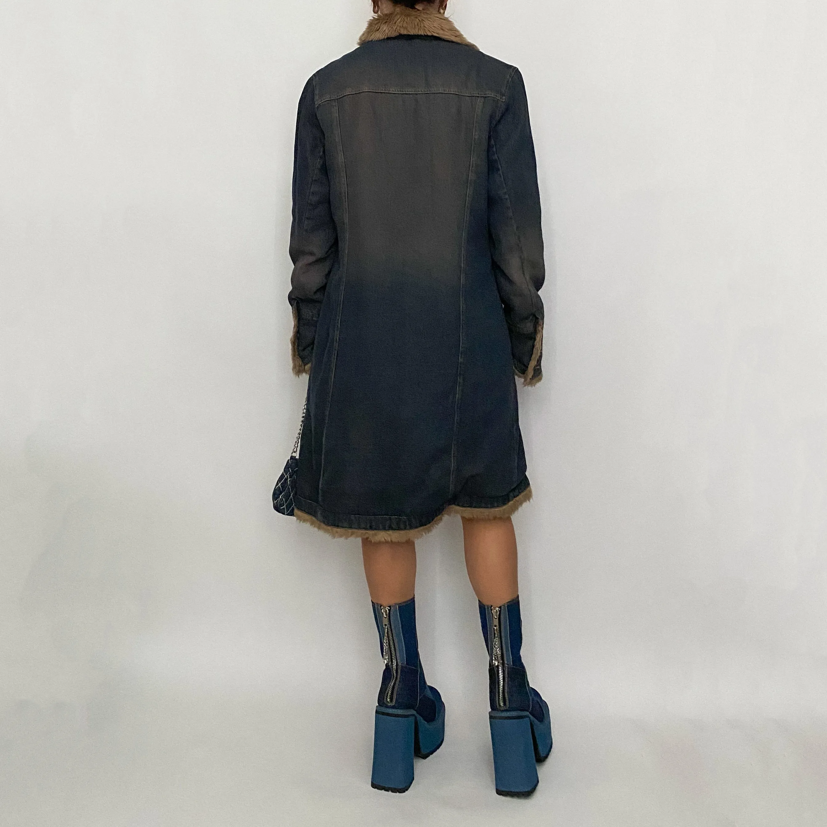 90's fur   denim long coat - large