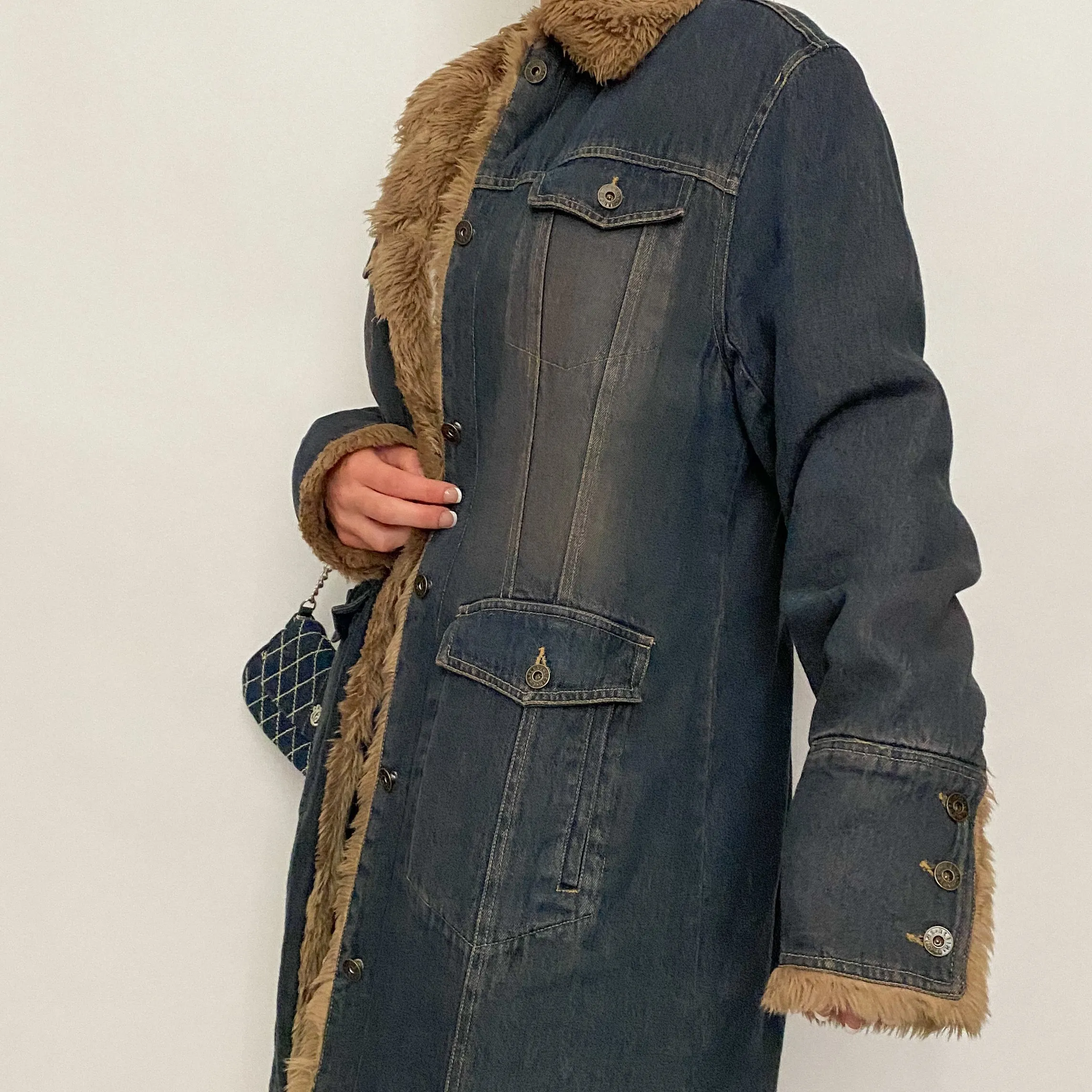 90's fur   denim long coat - large