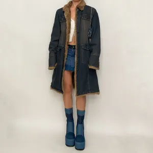 90's fur   denim long coat - large