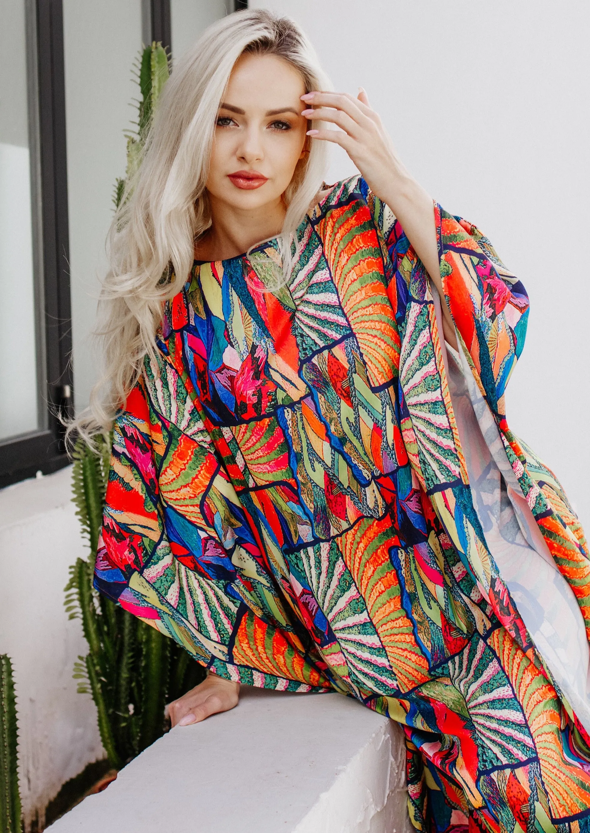 Abstract Print 3/4 Sleeve Maxi Kaftan