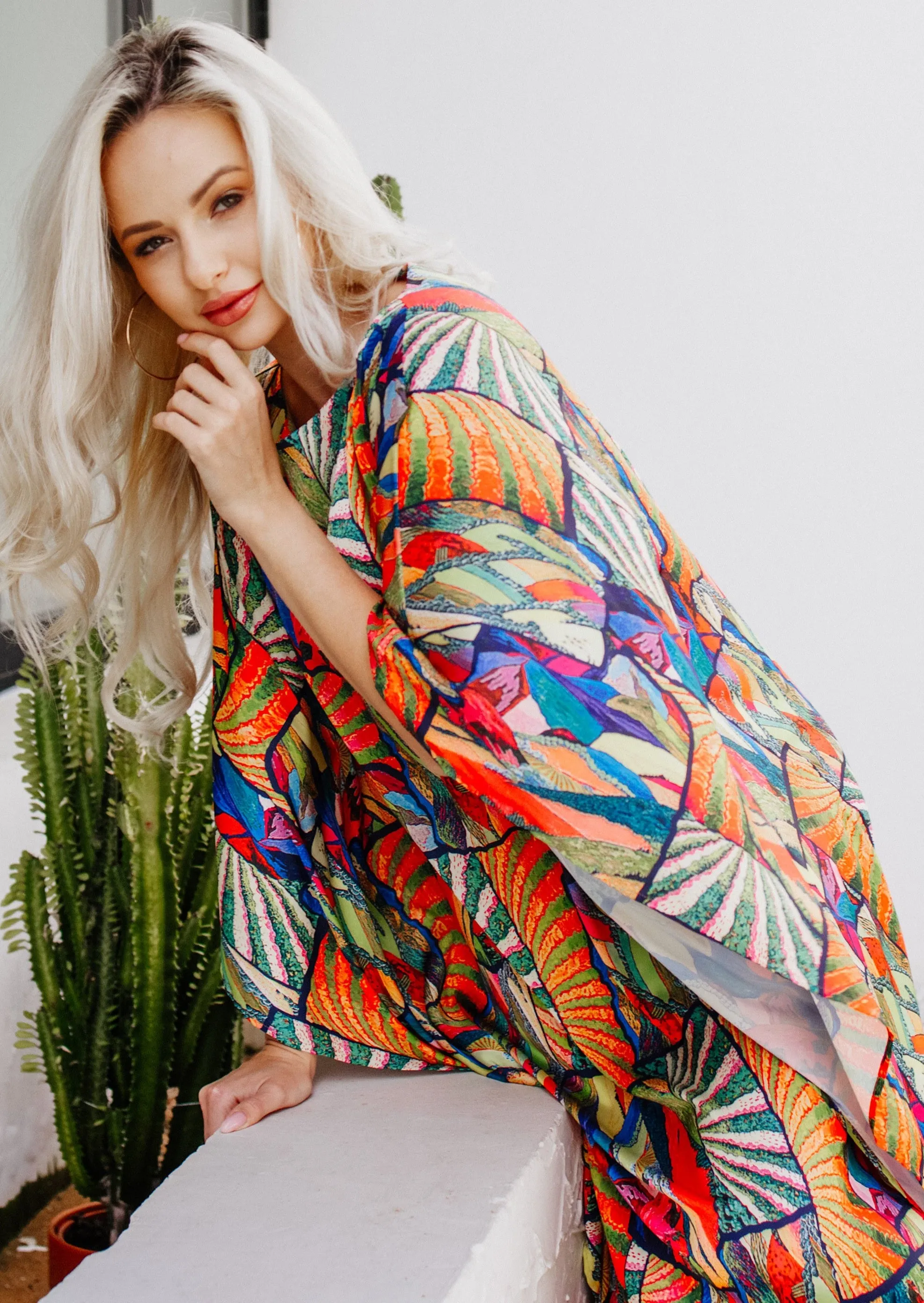 Abstract Print 3/4 Sleeve Maxi Kaftan