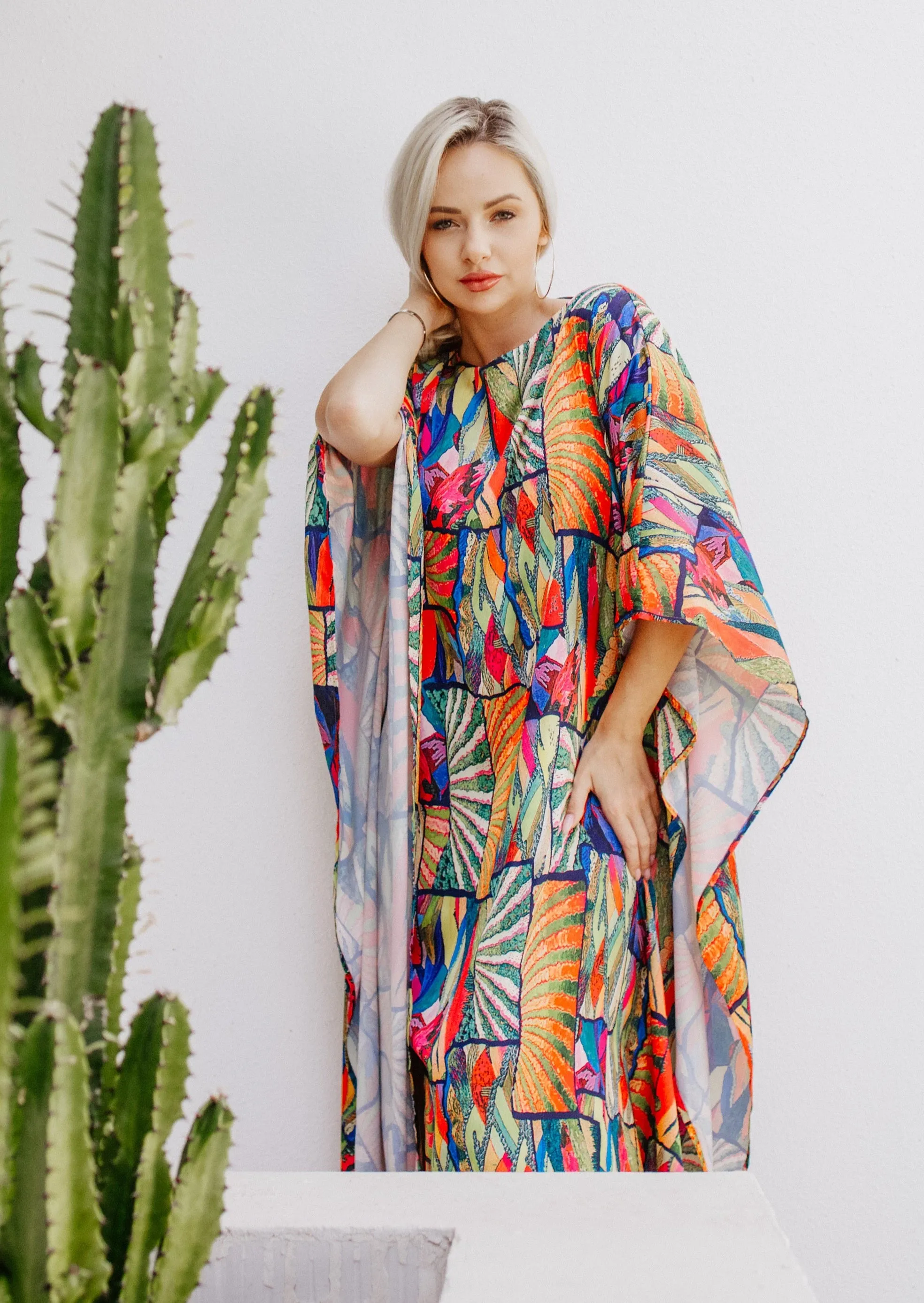 Abstract Print 3/4 Sleeve Maxi Kaftan