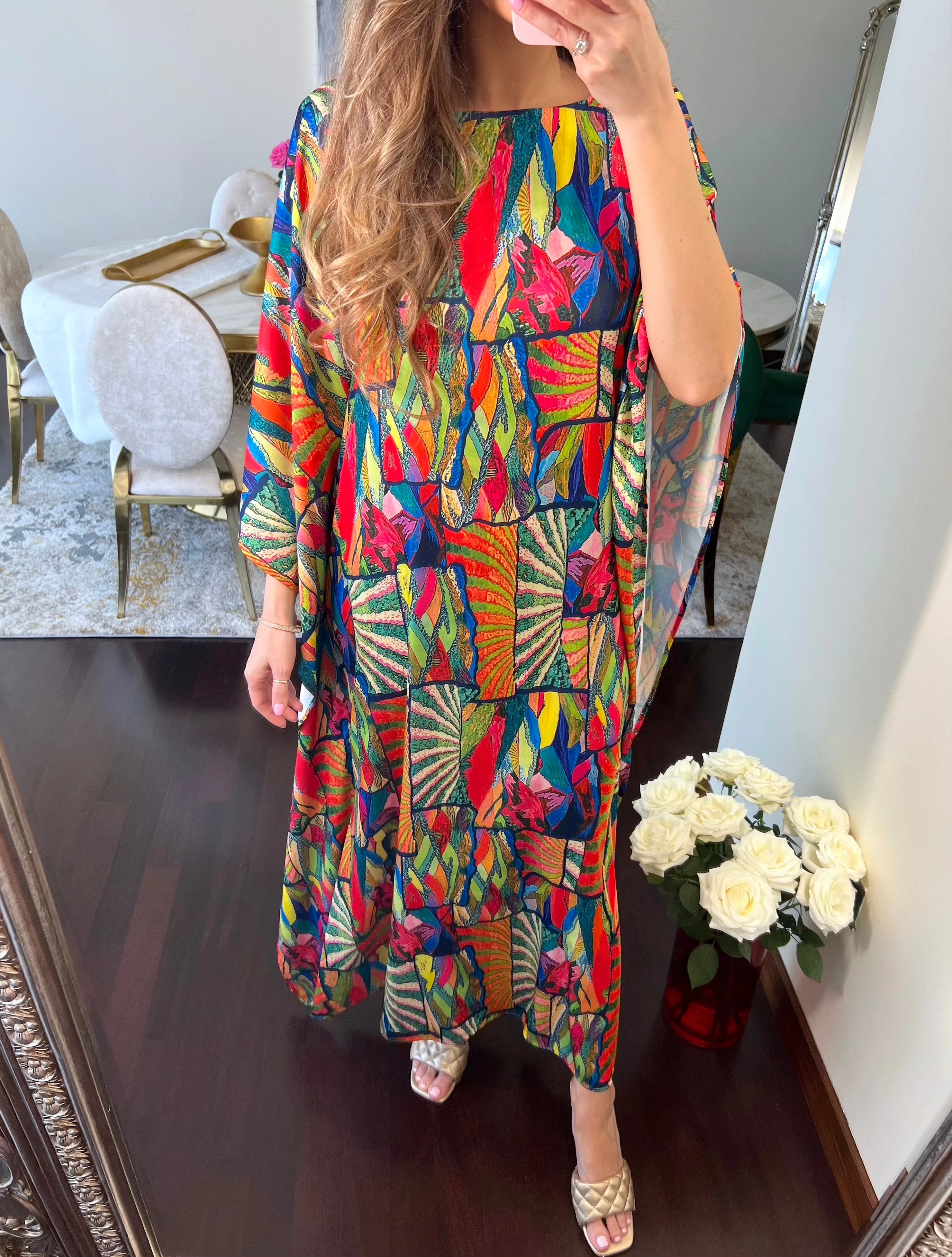 Abstract Print 3/4 Sleeve Maxi Kaftan