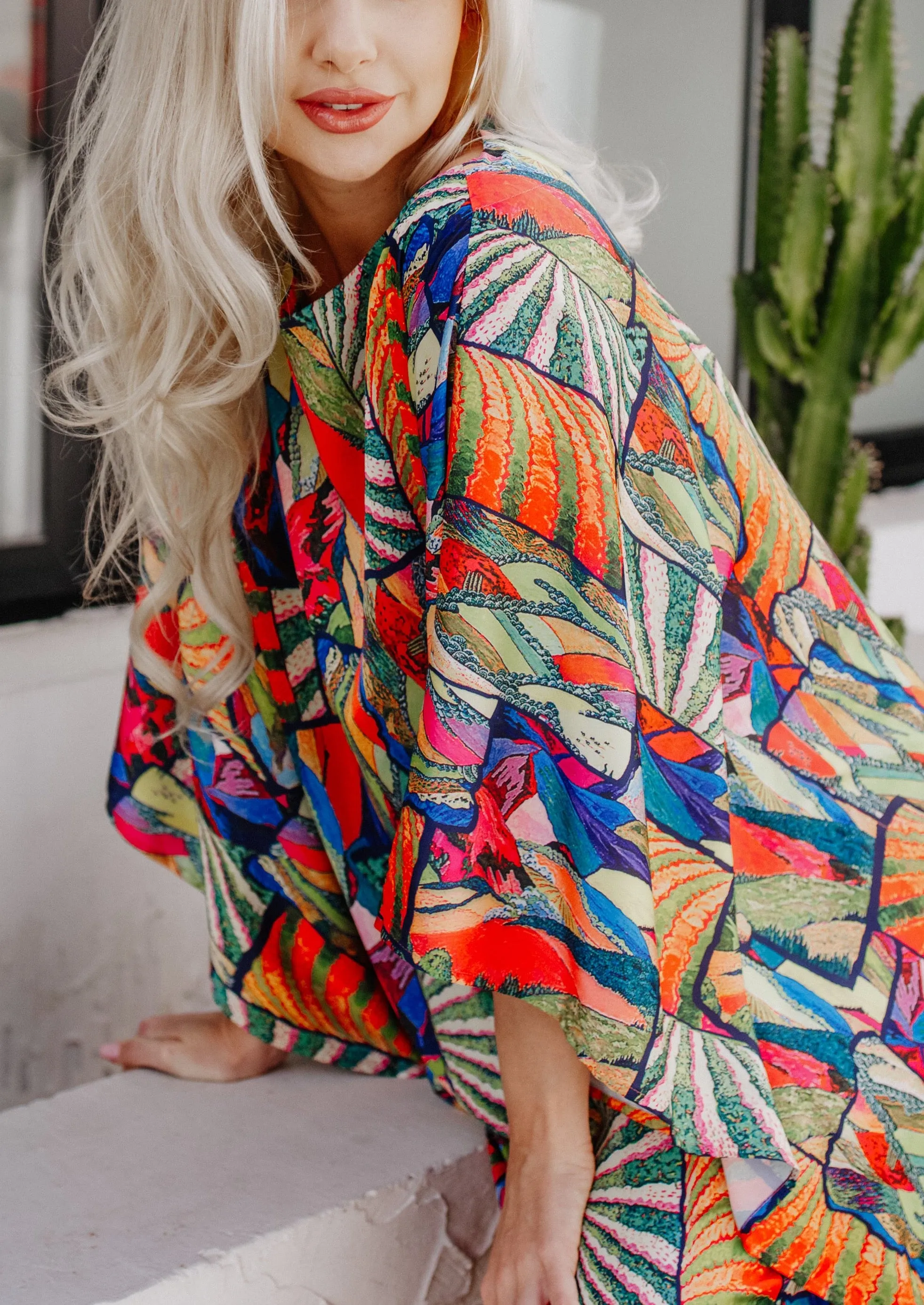 Abstract Print 3/4 Sleeve Maxi Kaftan