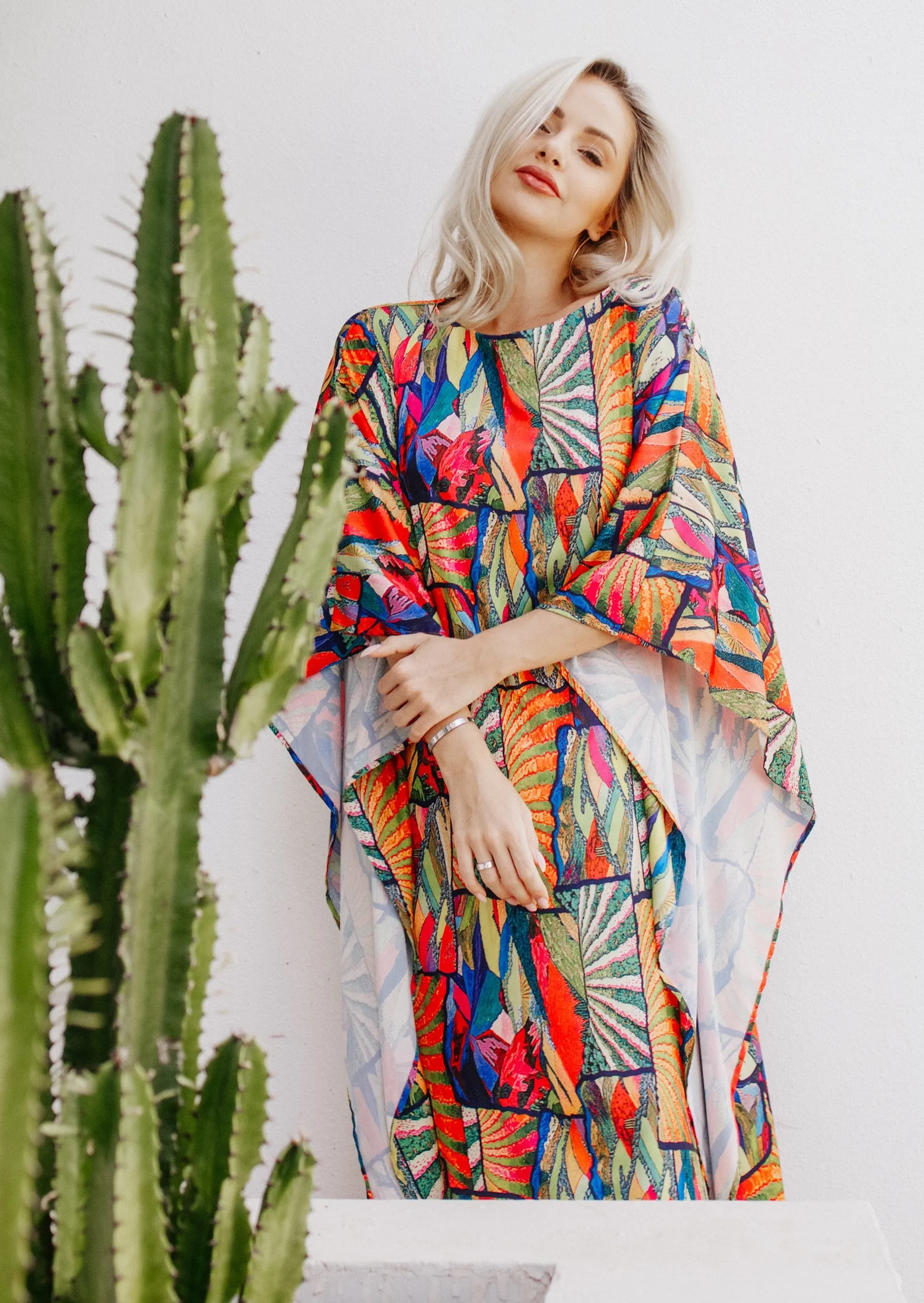 Abstract Print 3/4 Sleeve Maxi Kaftan