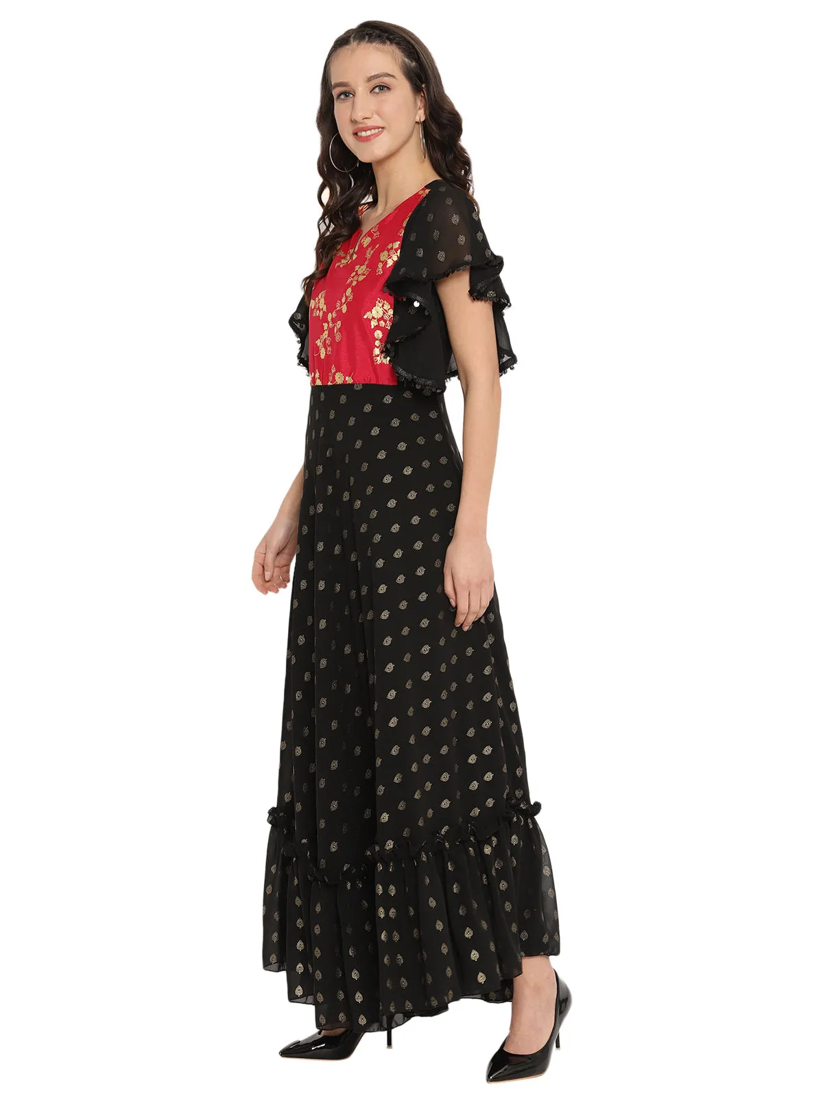 Ahalyaa Black & Red Flared Ethnic Maxi Dress