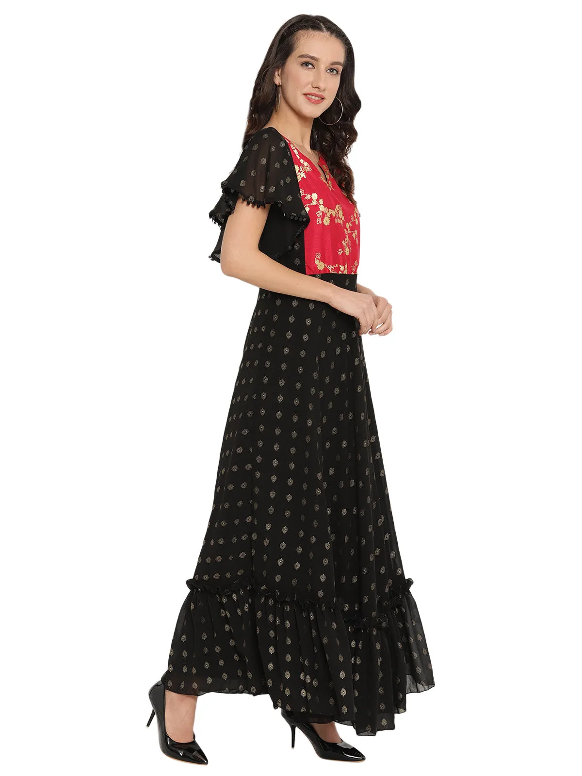 Ahalyaa Black & Red Flared Ethnic Maxi Dress