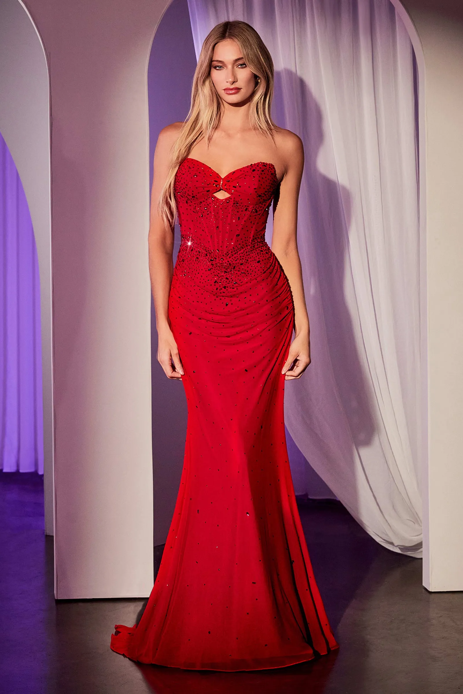 Arielle Rhinestone Corset Maxi Gown (Red)