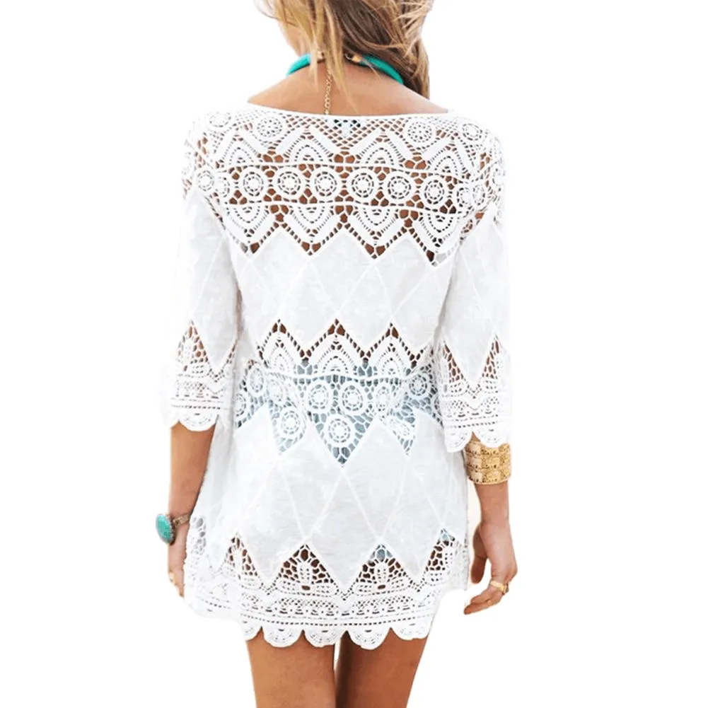 Beach Hollow Crochet 3/4 Sleeve Bikini Cover Up