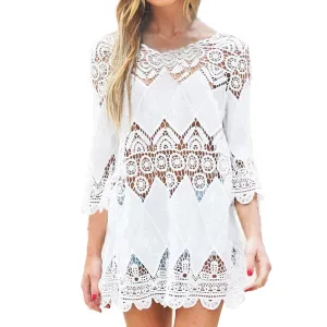 Beach Hollow Crochet 3/4 Sleeve Bikini Cover Up