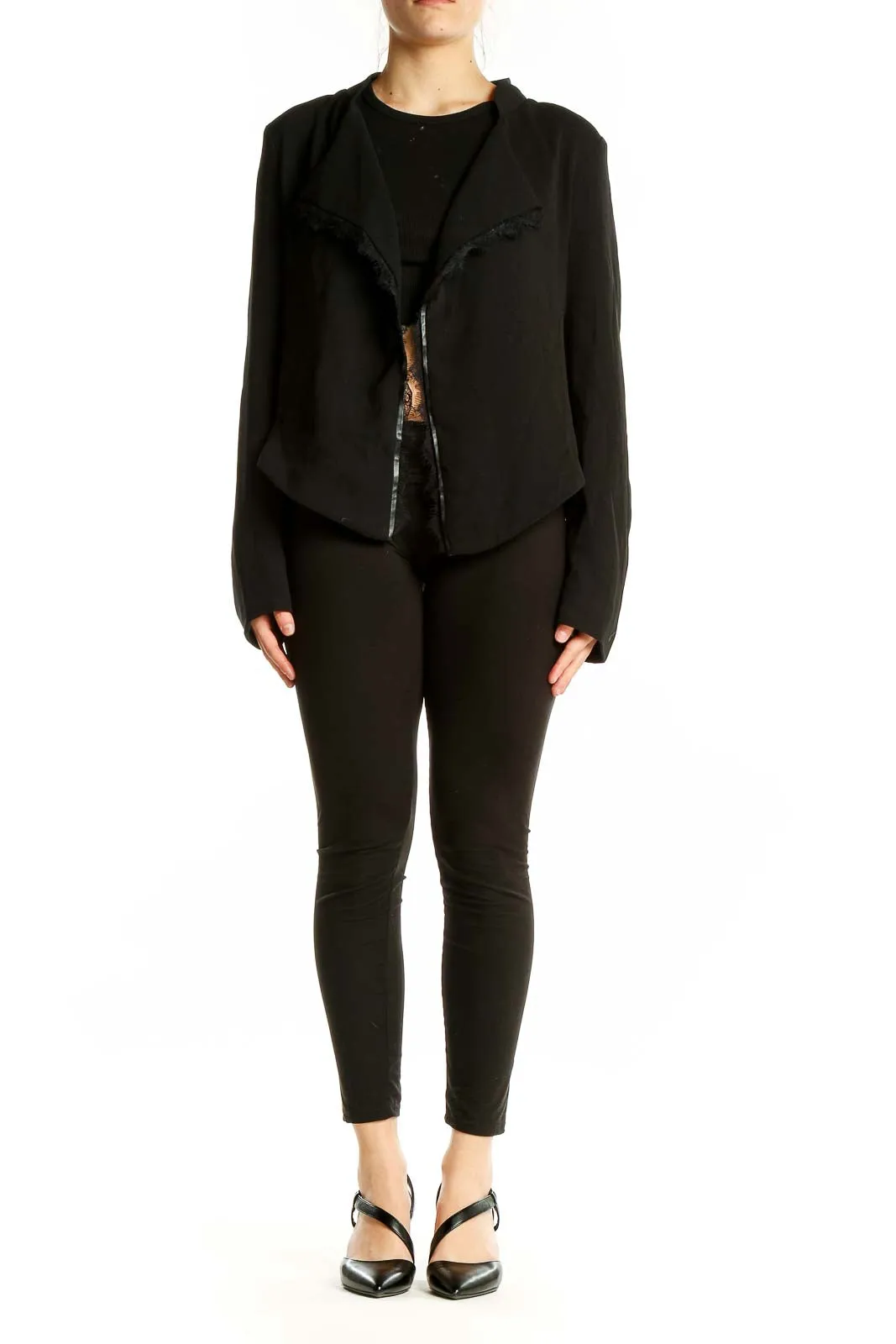 Black Cotton-Blend Open Front Jacket