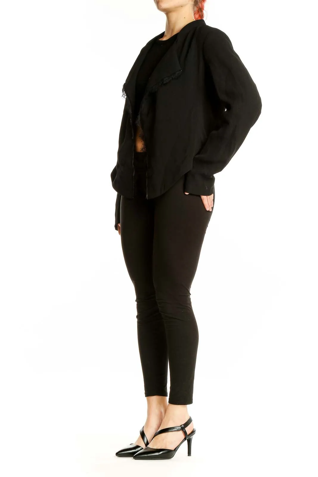 Black Cotton-Blend Open Front Jacket