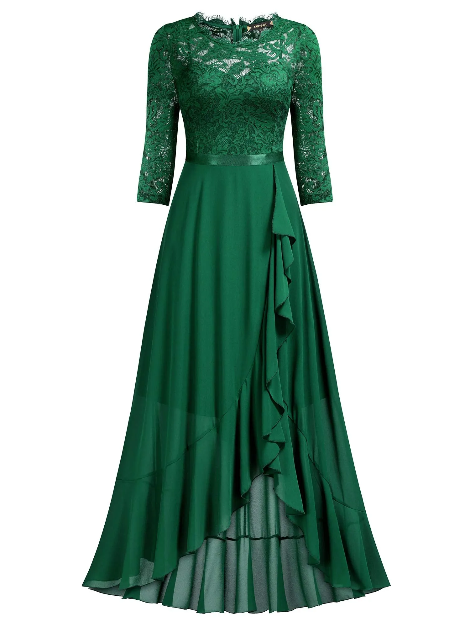 Black Ladies Elegant Scoop Neck Floral Lace Formal Wedding Maxi Dress - MIUSOL