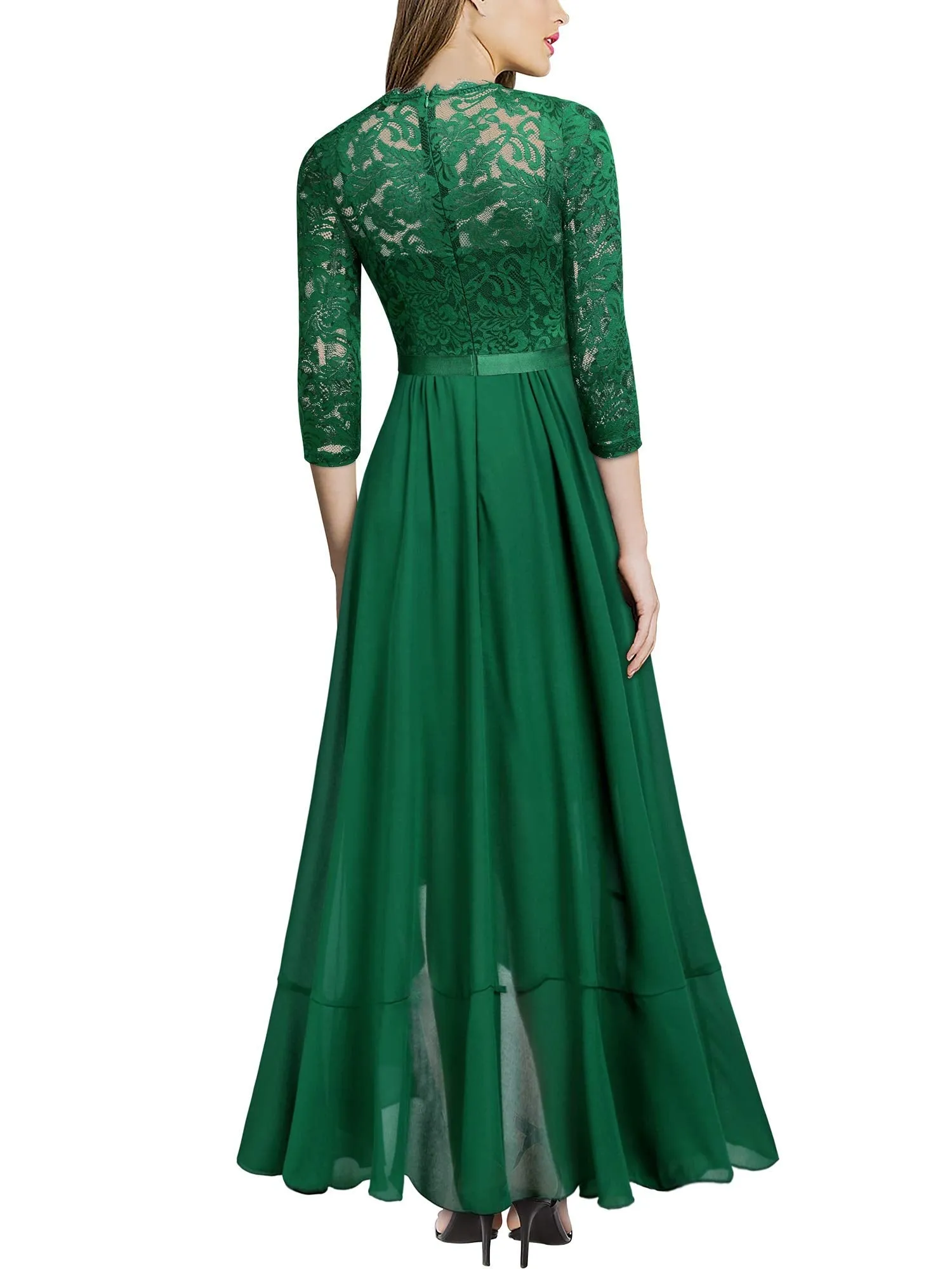 Black Ladies Elegant Scoop Neck Floral Lace Formal Wedding Maxi Dress - MIUSOL