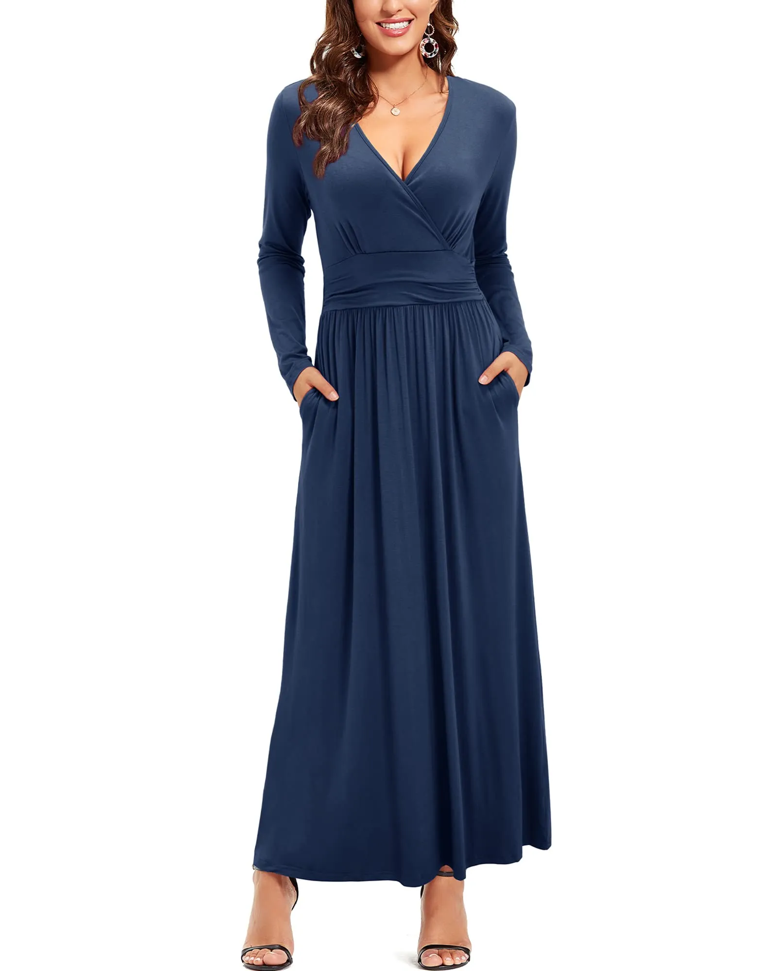 Black Long Sleeve Ladies Summer Casual V Neck Short Long Sleeve Floral Pattern Wrap Ladies Maxi Long Dress with Pockets - OUGES