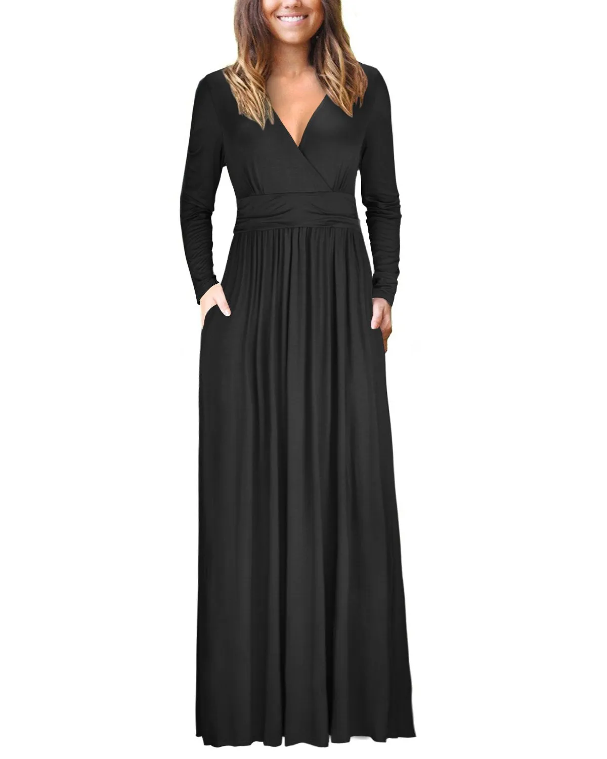 Black Long Sleeve Ladies Summer Casual V Neck Short Long Sleeve Floral Pattern Wrap Ladies Maxi Long Dress with Pockets - OUGES