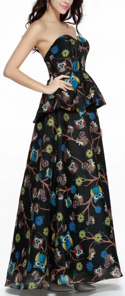 Black Printed Strapless Peplum Gown