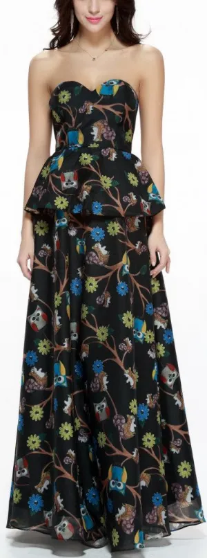 Black Printed Strapless Peplum Gown