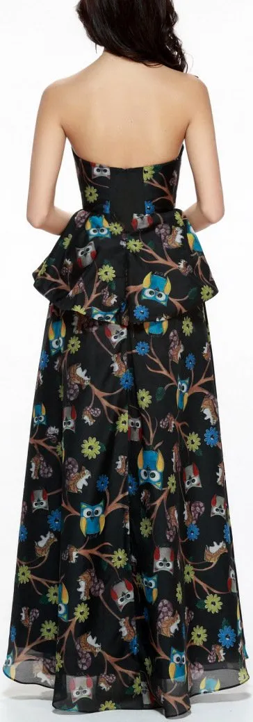 Black Printed Strapless Peplum Gown