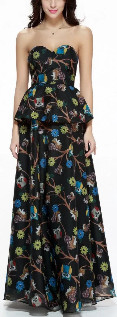 Black Printed Strapless Peplum Gown