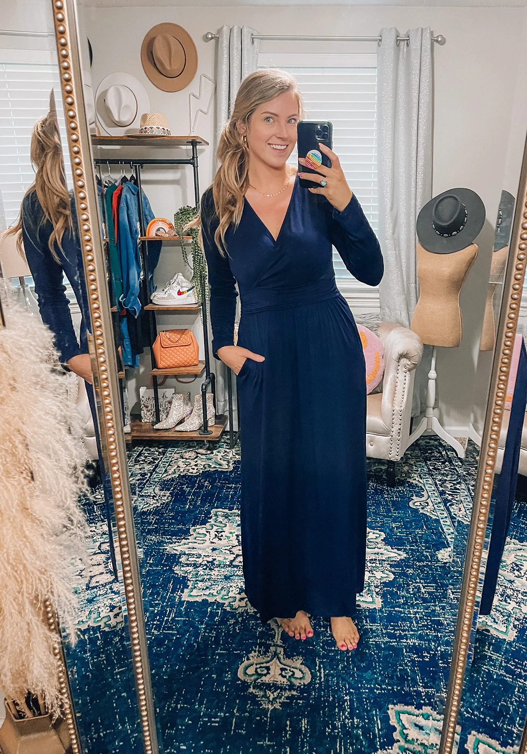 Blue Floral Ladies Summer Casual V Neck Short Long Sleeve Floral Pattern Wrap Ladies Maxi Long Dress with Pockets - OUGES