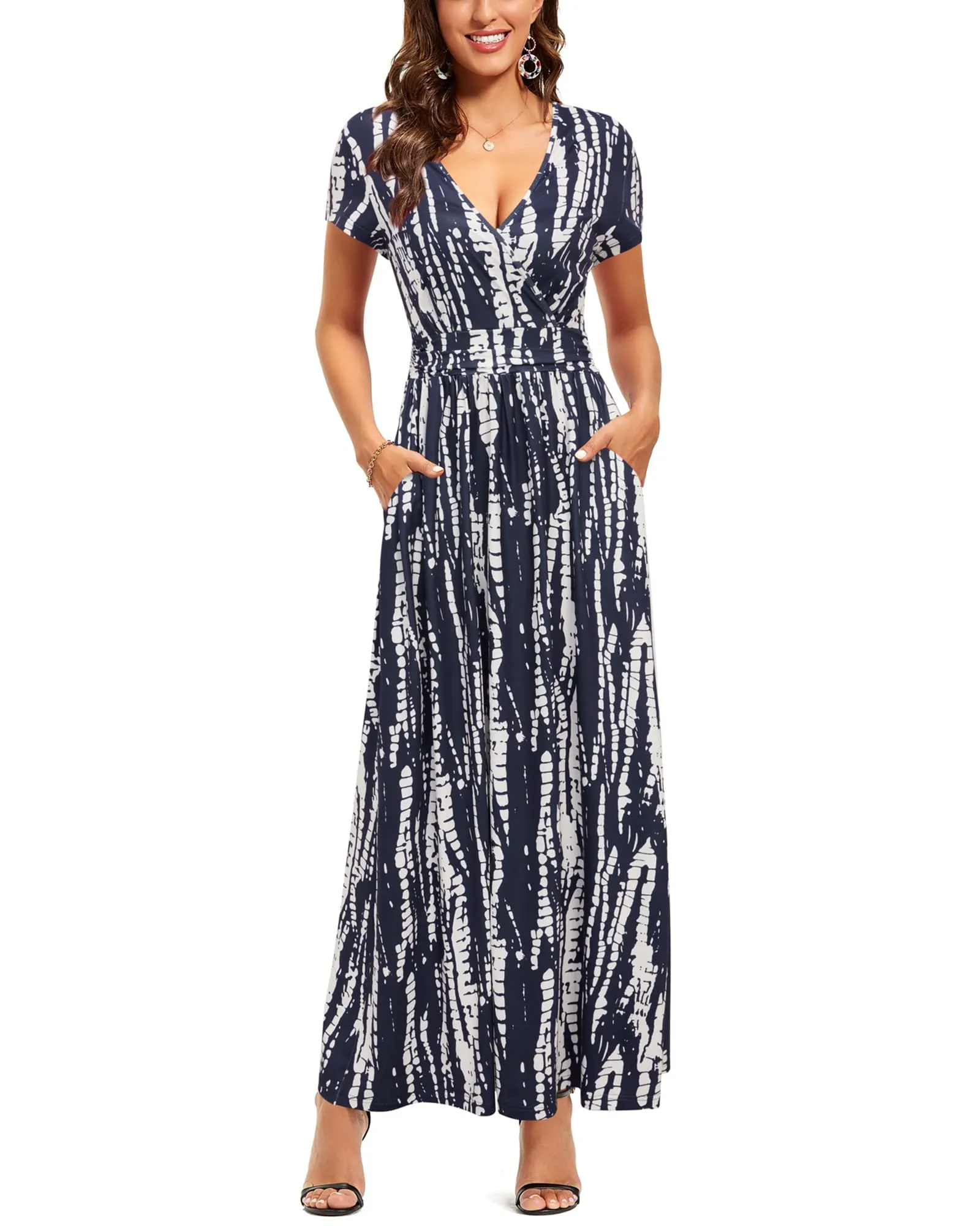 Blue Floral Ladies Summer Casual V Neck Short Long Sleeve Floral Pattern Wrap Ladies Maxi Long Dress with Pockets - OUGES