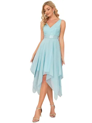 Blue Ladies Sleeveless V Neck Empire Waist A Line Lace Chiffon Knee Length Prom Evening Dresses - Ever-Pretty