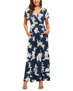 Blue Whie Flower Ladies Summer Casual V Neck Short Long Sleeve Floral Pattern Wrap Ladies Maxi Long Dress with Pockets - OUGES