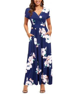Blue White Floral Ladies Summer Casual V Neck Short Long Sleeve Floral Pattern Wrap Ladies Maxi Long Dress with Pockets - OUGES