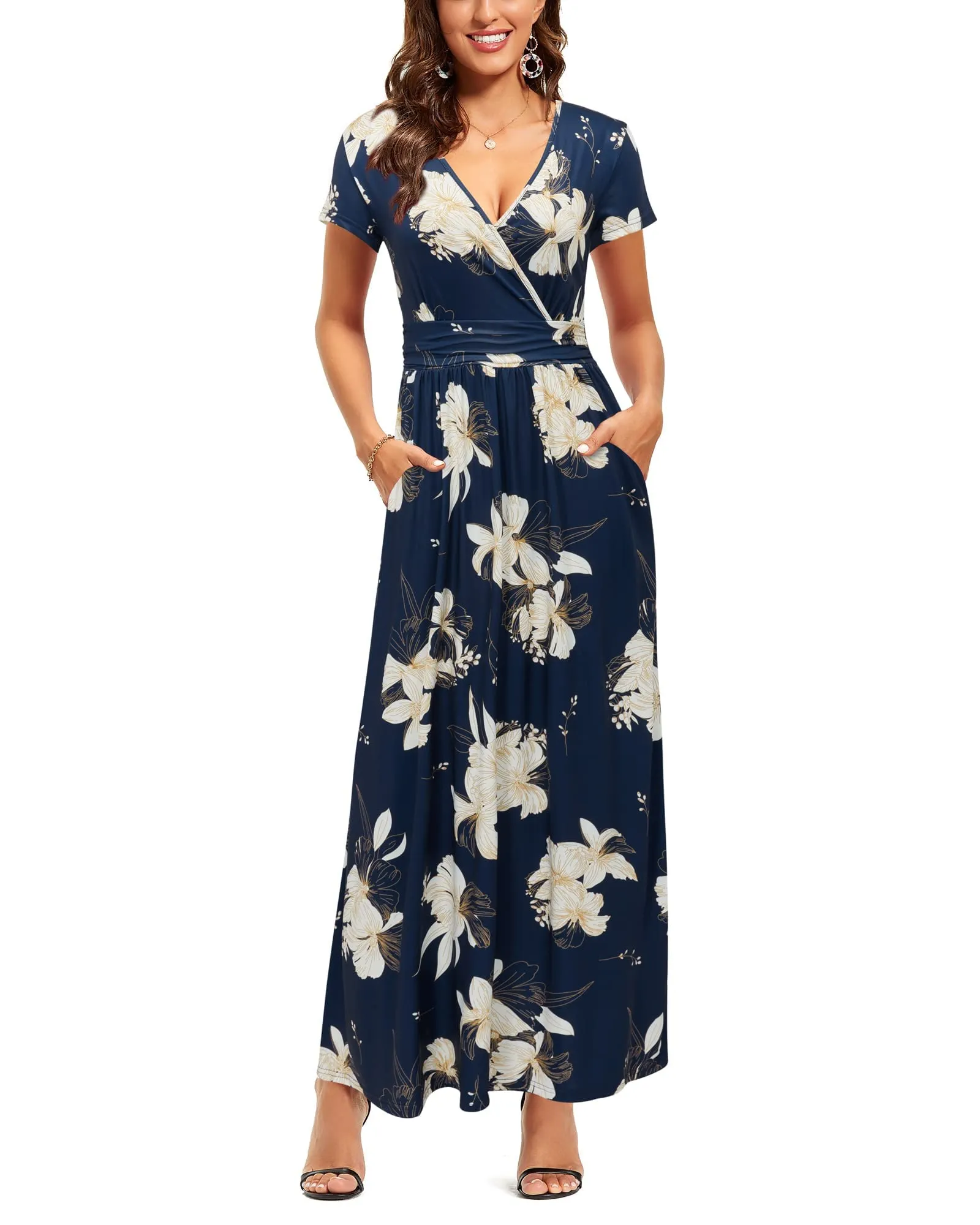 Blue White Ladies Summer Casual V Neck Short Long Sleeve Floral Pattern Wrap Ladies Maxi Long Dress with Pockets - OUGES