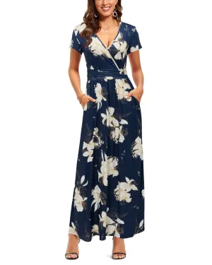 Blue White Ladies Summer Casual V Neck Short Long Sleeve Floral Pattern Wrap Ladies Maxi Long Dress with Pockets - OUGES