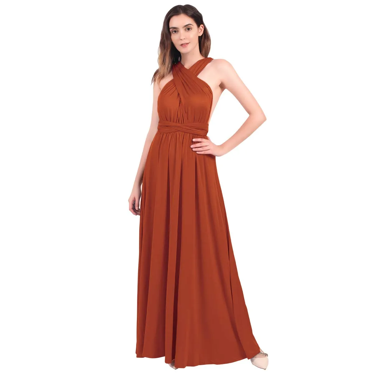 Brick Red Ladies Solid Cocktail Off Shoulder Wedding Bridesmaid Evening Long Maxi Dress - IBTOM CASTLE