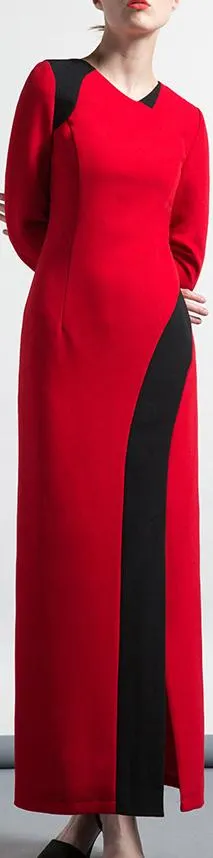 Color-Block Long-Sleeve Sheath Gown