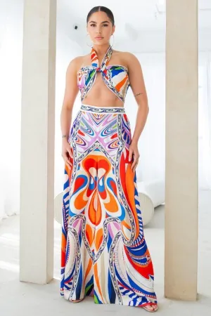 Convertible Scarf crop top and Wide pants set