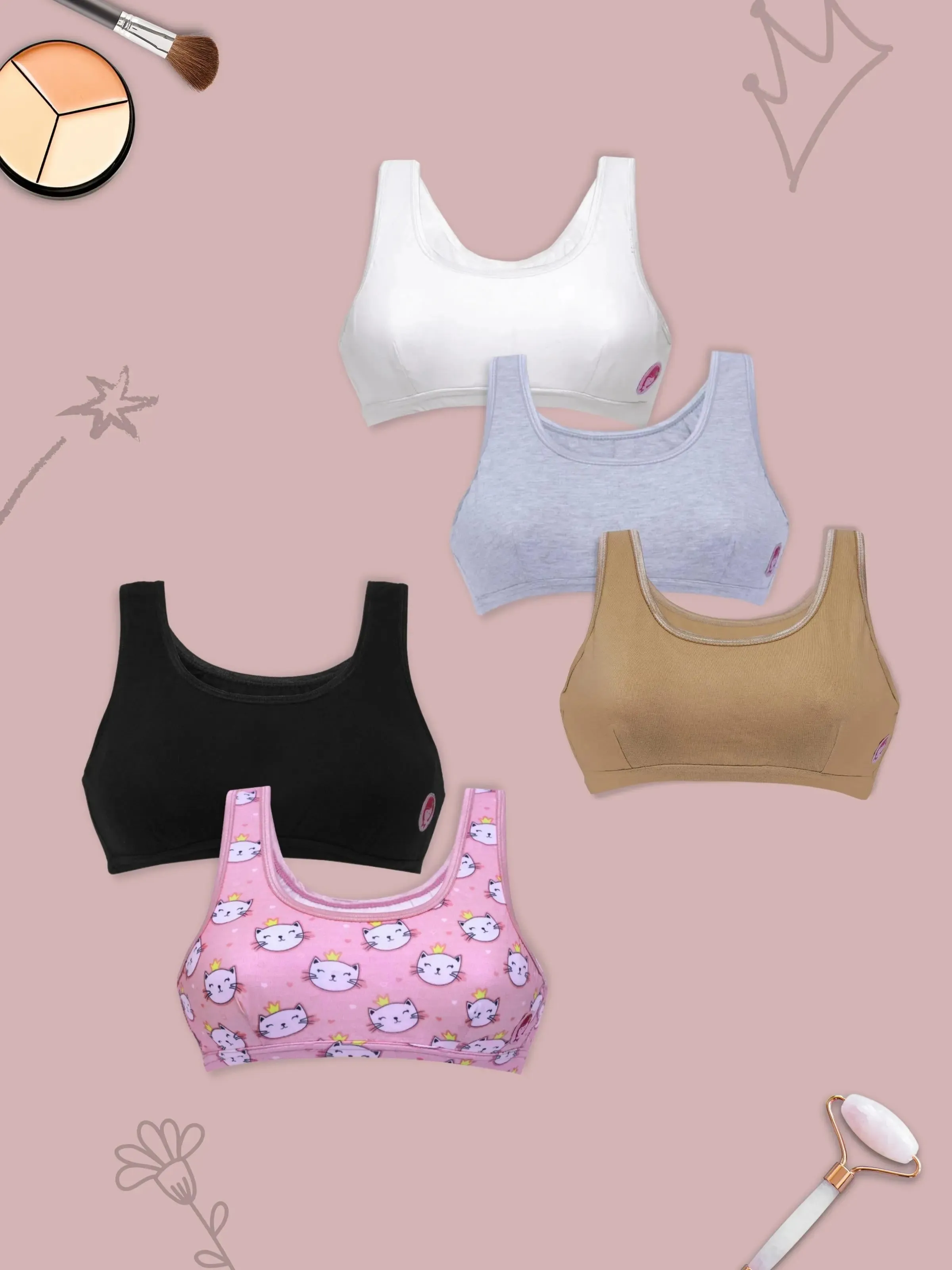 Double-Layer Broad Strap Cotton Yoga Bra | Non-Padded Bra for Young Women | Kitty Print & Solid Bra