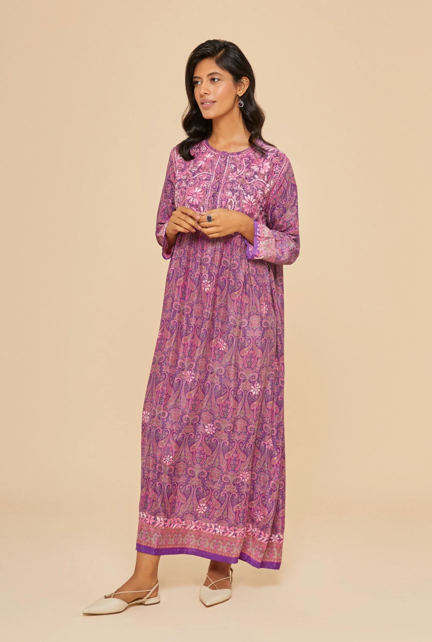 Embroidered Chikankari Tarmeh Lilac Kaftan