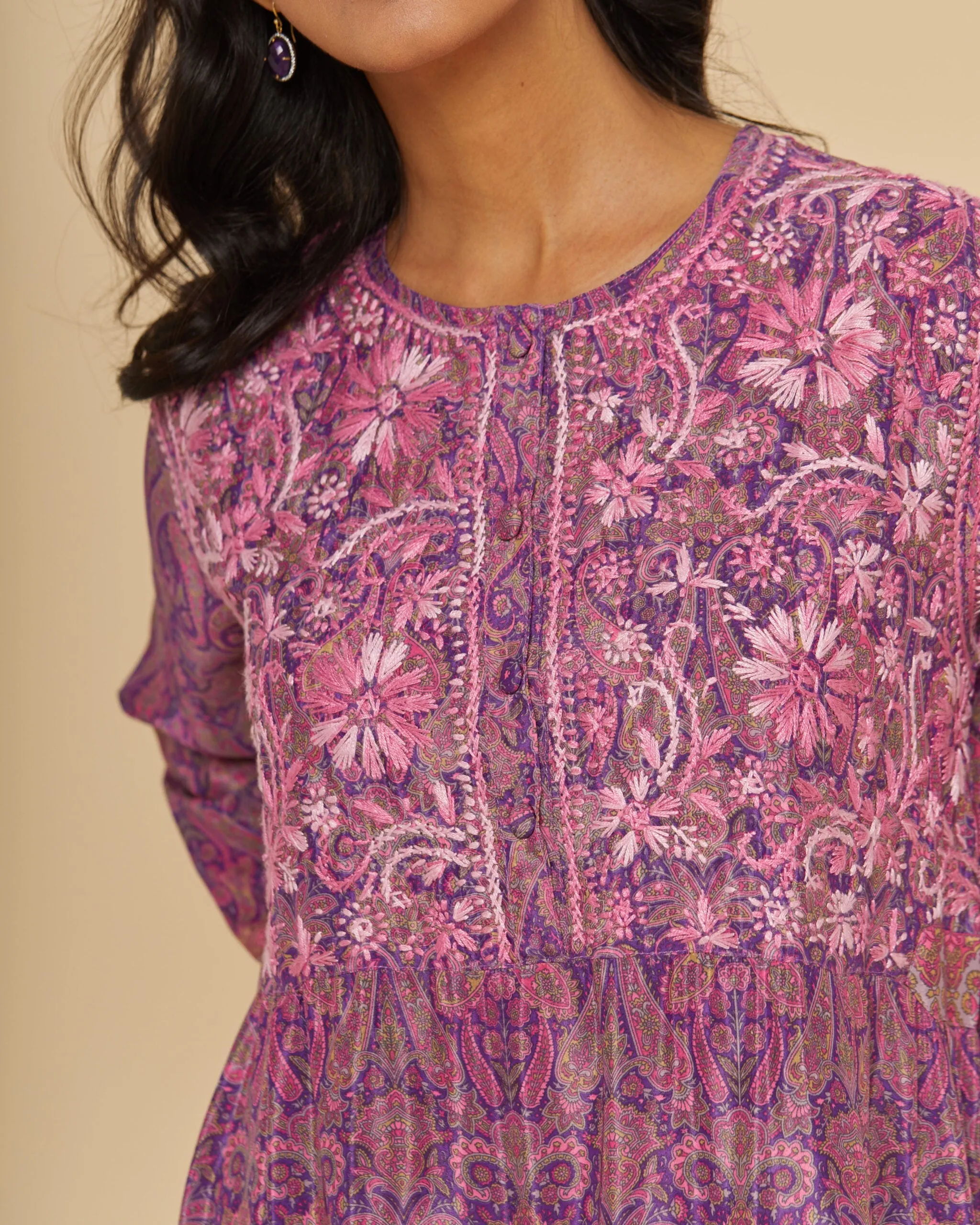 Embroidered Chikankari Tarmeh Lilac Kaftan