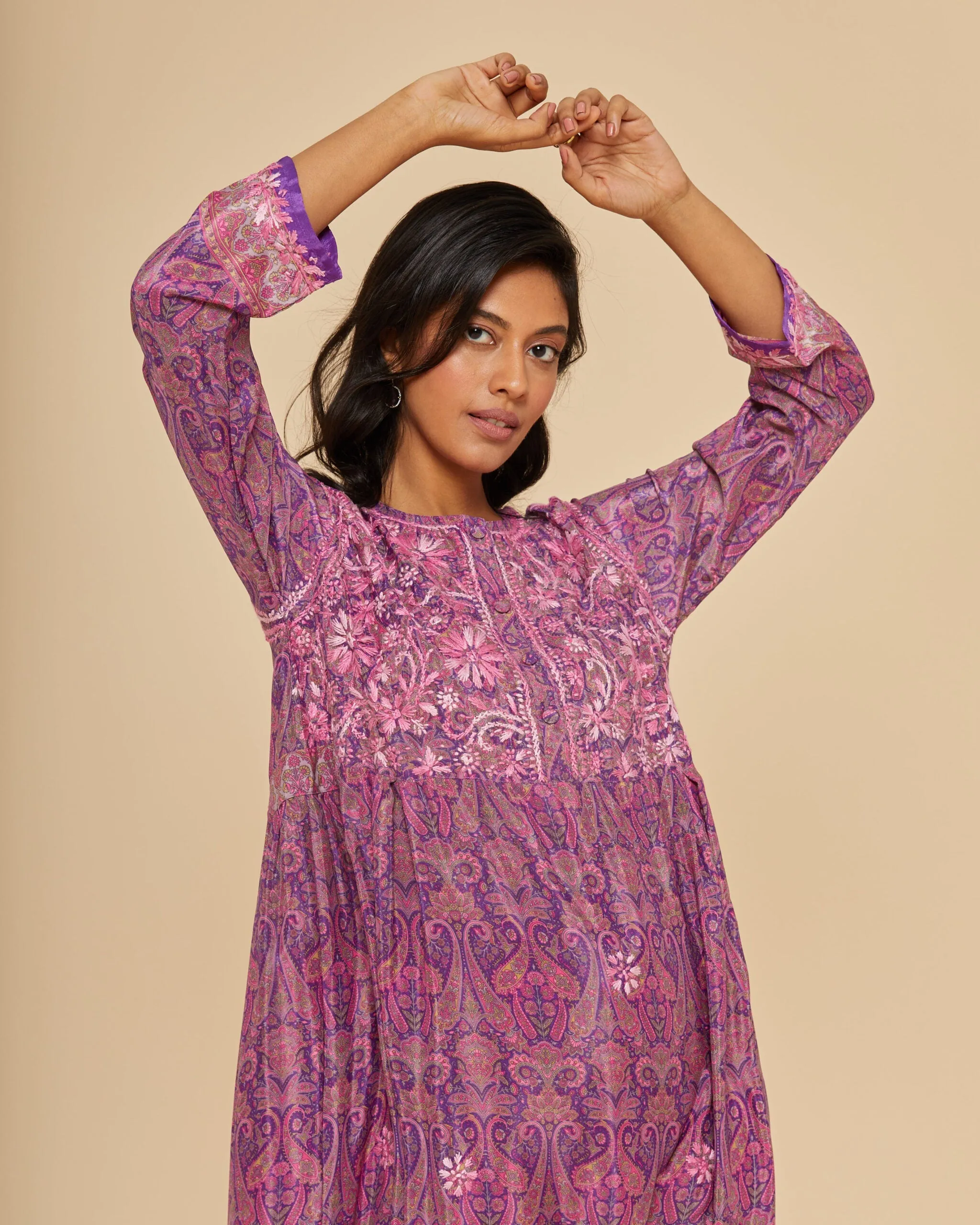 Embroidered Chikankari Tarmeh Lilac Kaftan