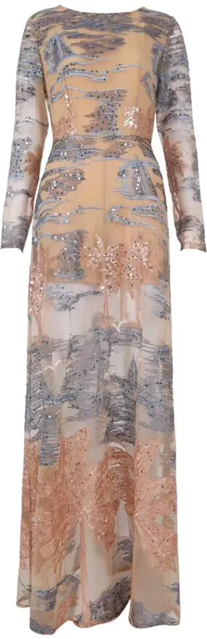 Embroidered Embellished Mesh Overlay Gown