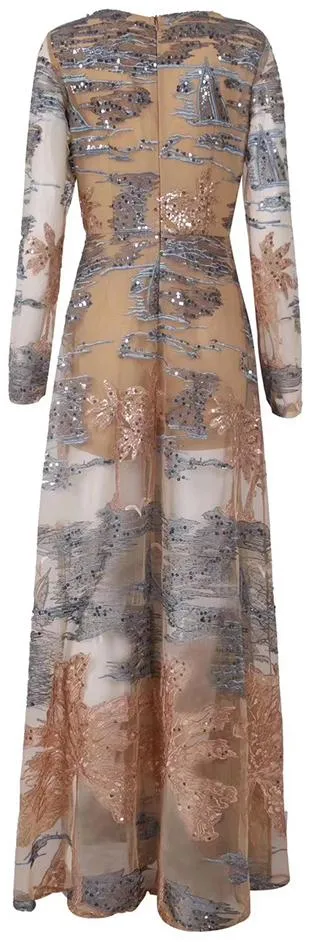 Embroidered Embellished Mesh Overlay Gown