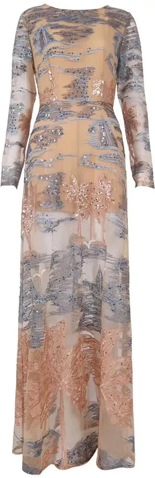 Embroidered Embellished Mesh Overlay Gown