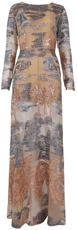 Embroidered Embellished Mesh Overlay Gown