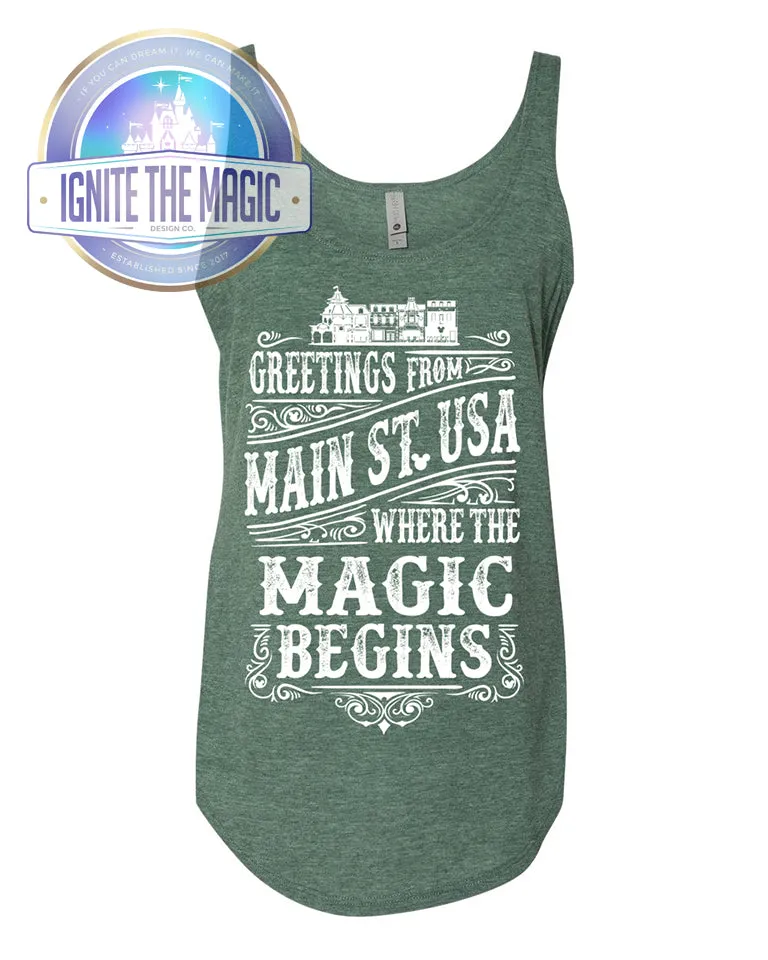 Greetings from Main Street, USA - White Print - Women's Tanks   Tees