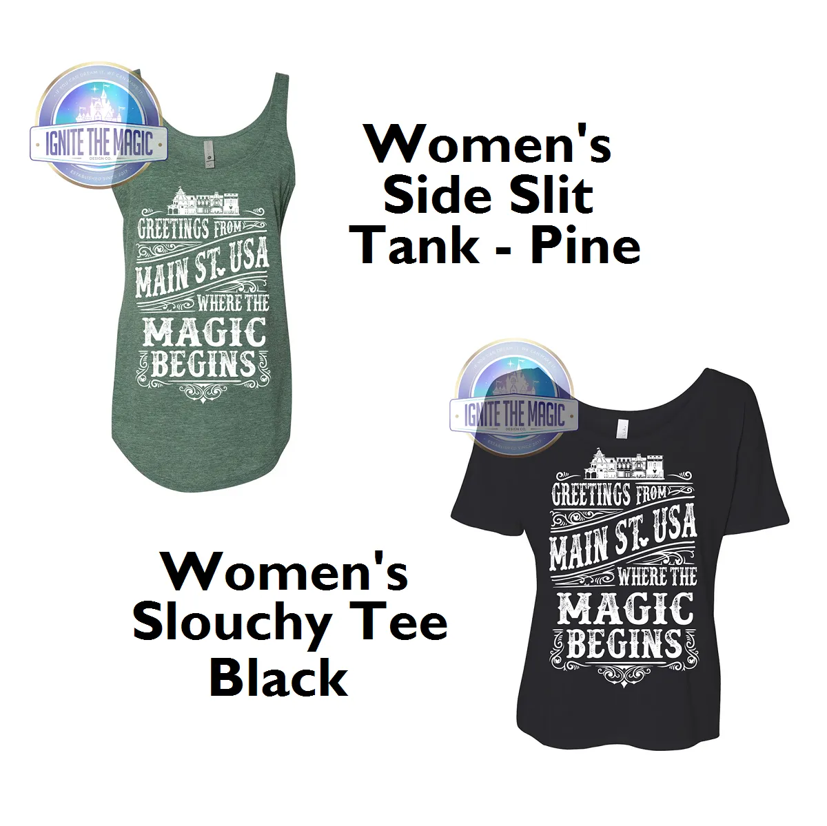 Greetings from Main Street, USA - White Print - Women's Tanks   Tees