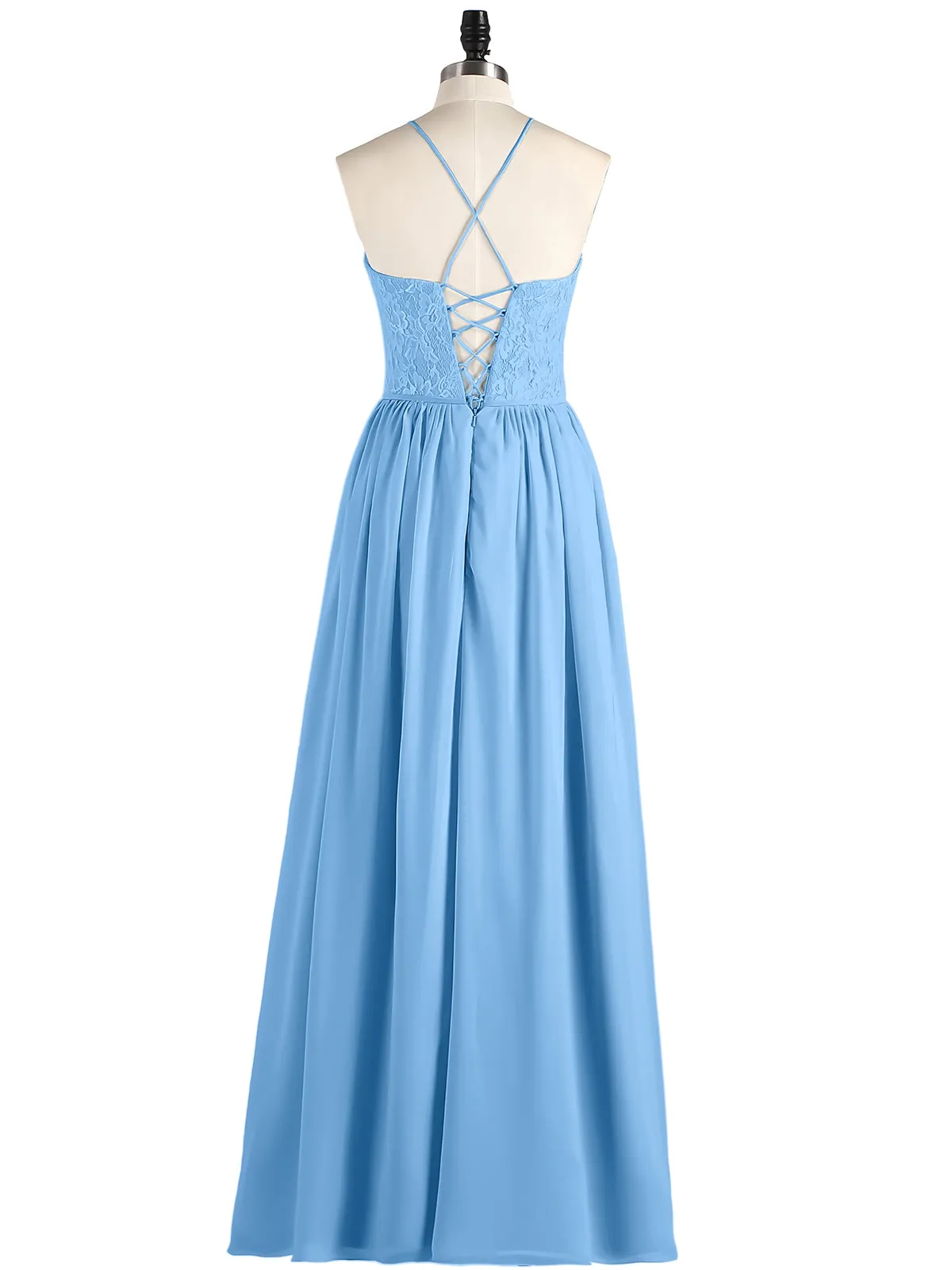 Illusion Neck Lace and Chiffon Maxi Gowns-Blue