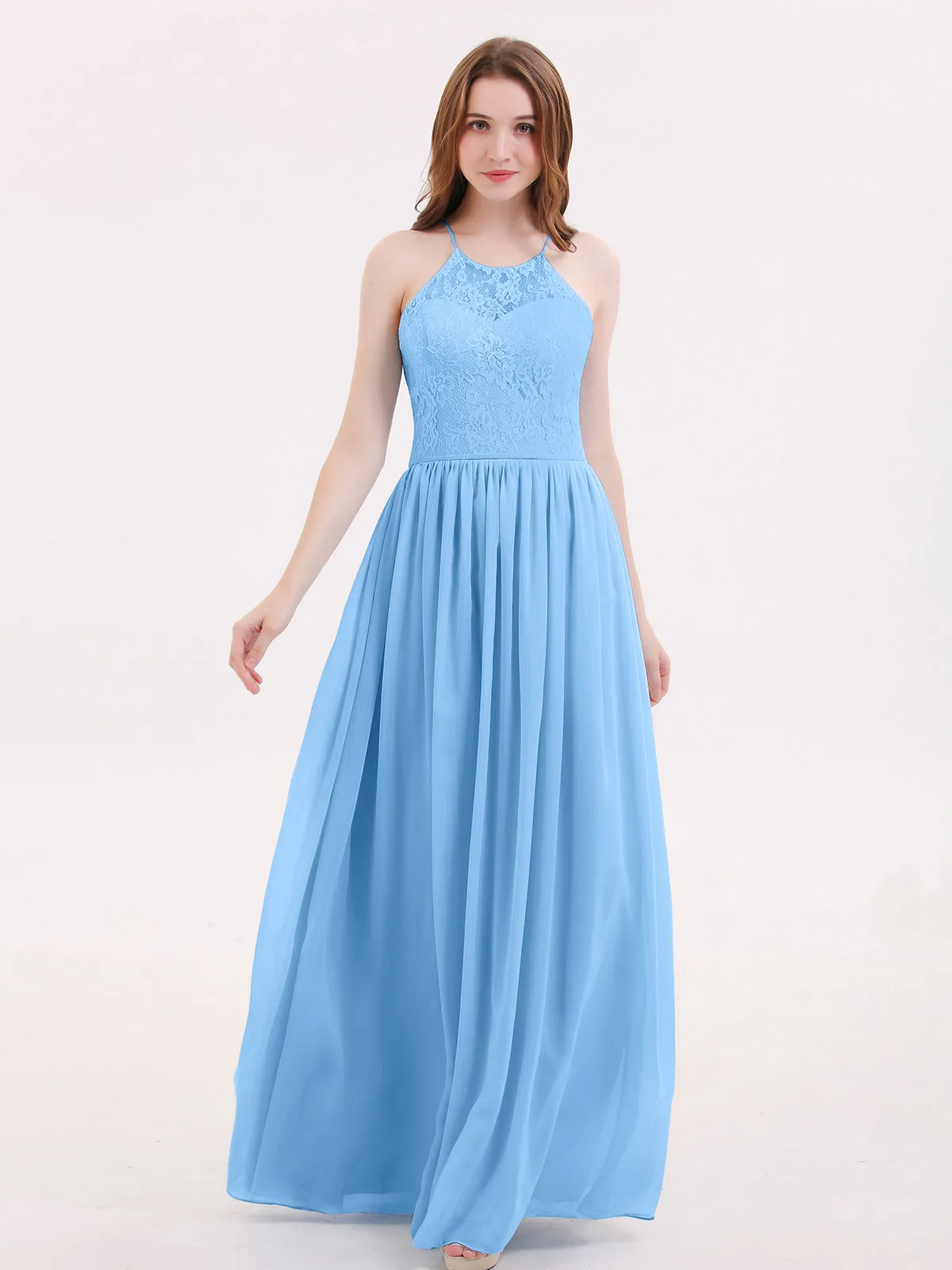 Illusion Neck Lace and Chiffon Maxi Gowns-Blue